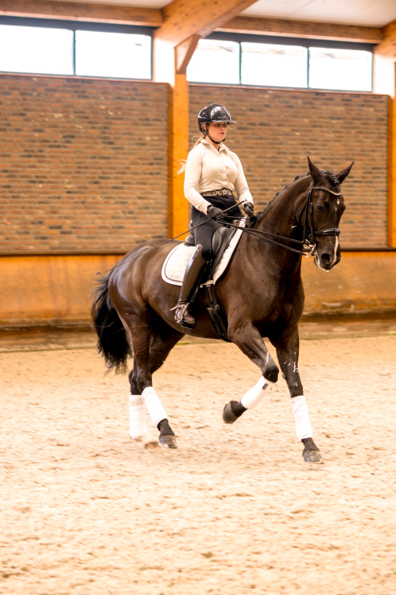 Een ruiter en paard treden op in een binnenarena