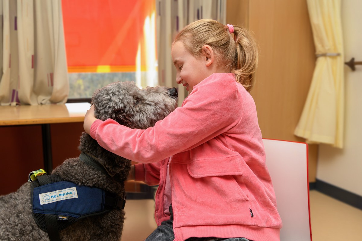 A child in a pink cardigan embraces a grey assistance dog during a visit to Wilhelmina Children’s Hospital.